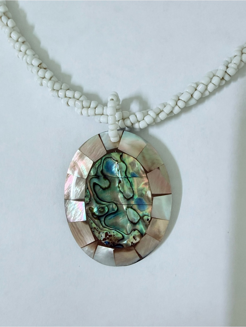 White Beaded Necklace with Abalone Shell Pendant